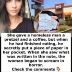 Woman buys homeless man food and stays with him – he then gives her a note and she realizes the truth.