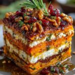 Layered Sweet Potato, Butternut Squash & Carrot Lasagna with Feta, Walnuts, and Cranberry-Honey Glaze