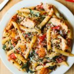 Chicken and Bacon Pasta with Spinach and Tomatoes in Garlic Cream Sauce