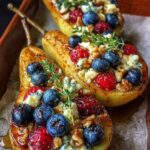 Baked Pears with Berries, Honey, Walnuts and Blue Cheese